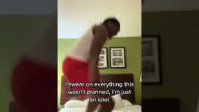 Excited Man Jumps on Hotel Bed and hits his Head against the Ceiling