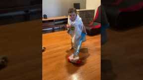 Baby dresses as an old lady and rage-cleans the house