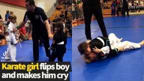 Little Karate girl flips boy during competition and makes him cry
