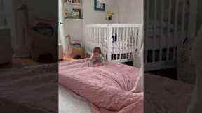 Little baby loves bouncing on blow up mattress