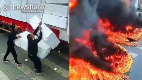 Massive Fire Engulfs Truck Carrying Foam Blocks || Newsflare