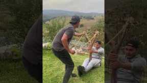 Giant Slingshot Sends Man Flying Backward