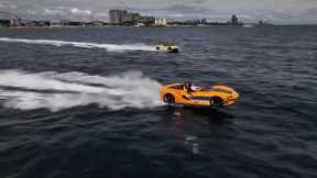 Tourists Race Speedboat Cars In The Ocean